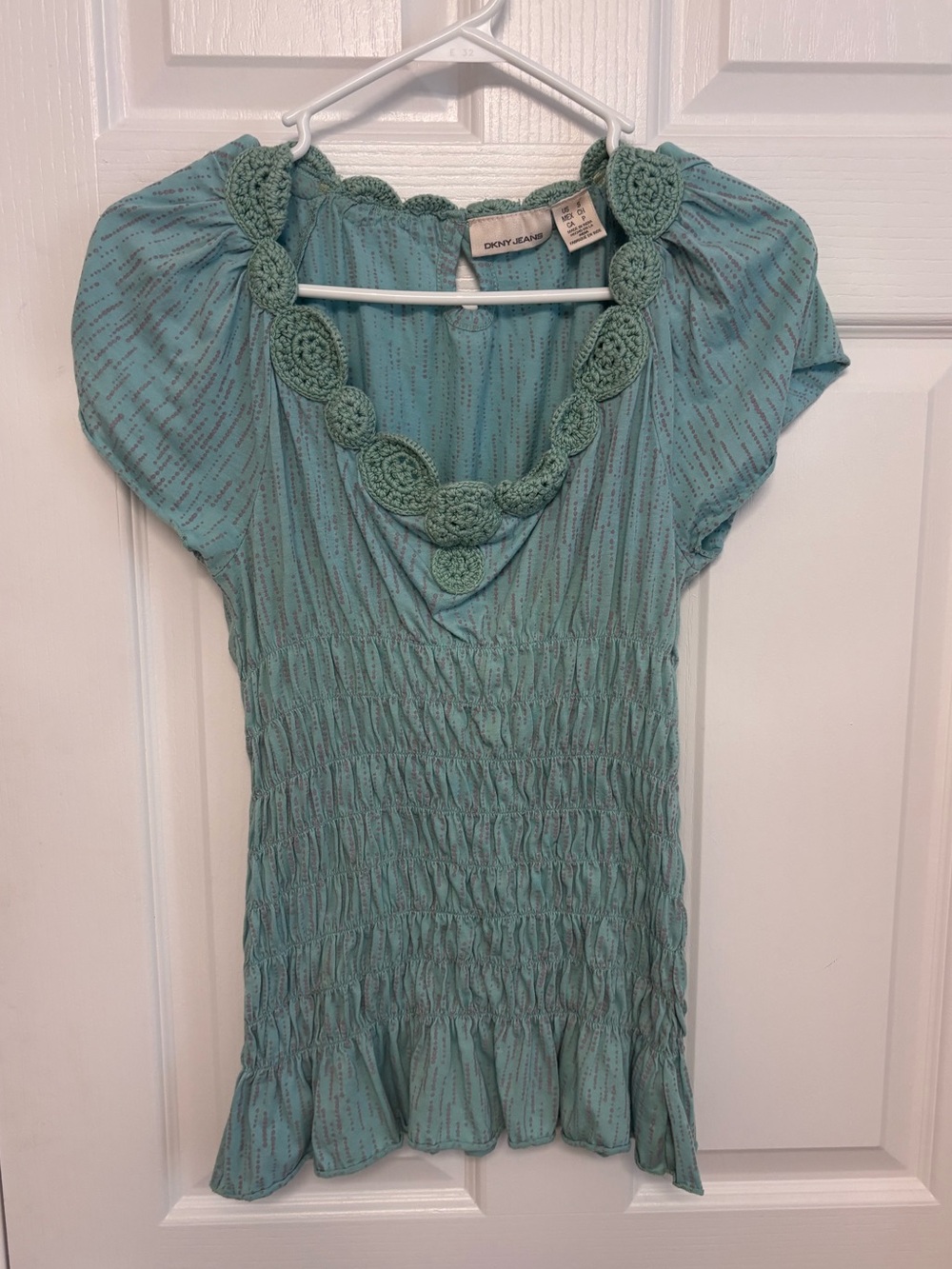 DKNY Teal Crochet-Trim Smocked Top